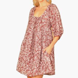 Olivaceous Womens Puff Sleeve Floral Printed Mini Dress Mauve Cream L Babydoll